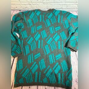 VINTAGE Workshop 90s Gray Teal Funky Geo Print Oversize Wool Sweater Size Small